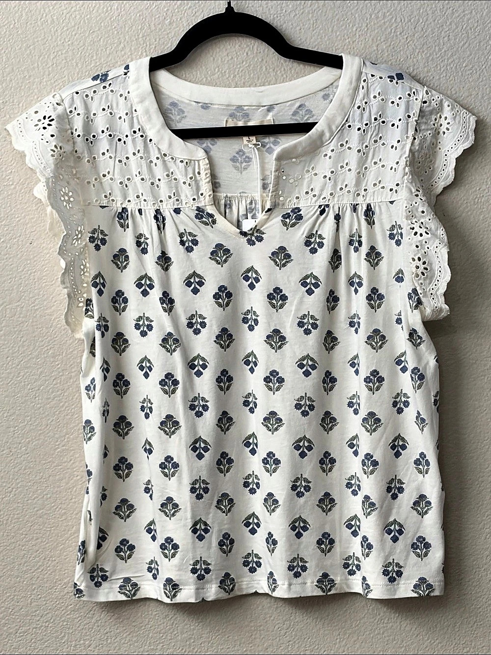 Lucky Brand Printed Flutter Sleeve Top Floral Blouse White & Blue Size Large
